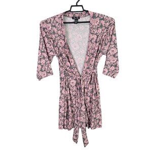 Womens Reni Rofe Sleepwear Pink & Gray Floral Print Kimono Robe Belted Size M